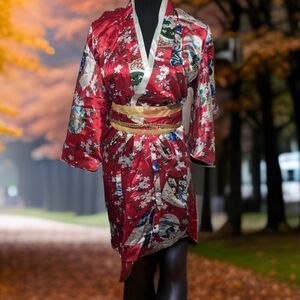 Floral Red Vintage 90s Japanese Kimono Costume Women Size S